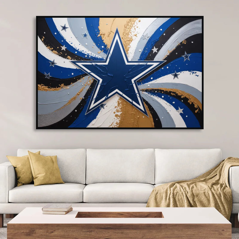 Dallas Cowboys Abstraction Energetic Team Spirit in Blue Silver Living Room - Black Canvas Wall Art