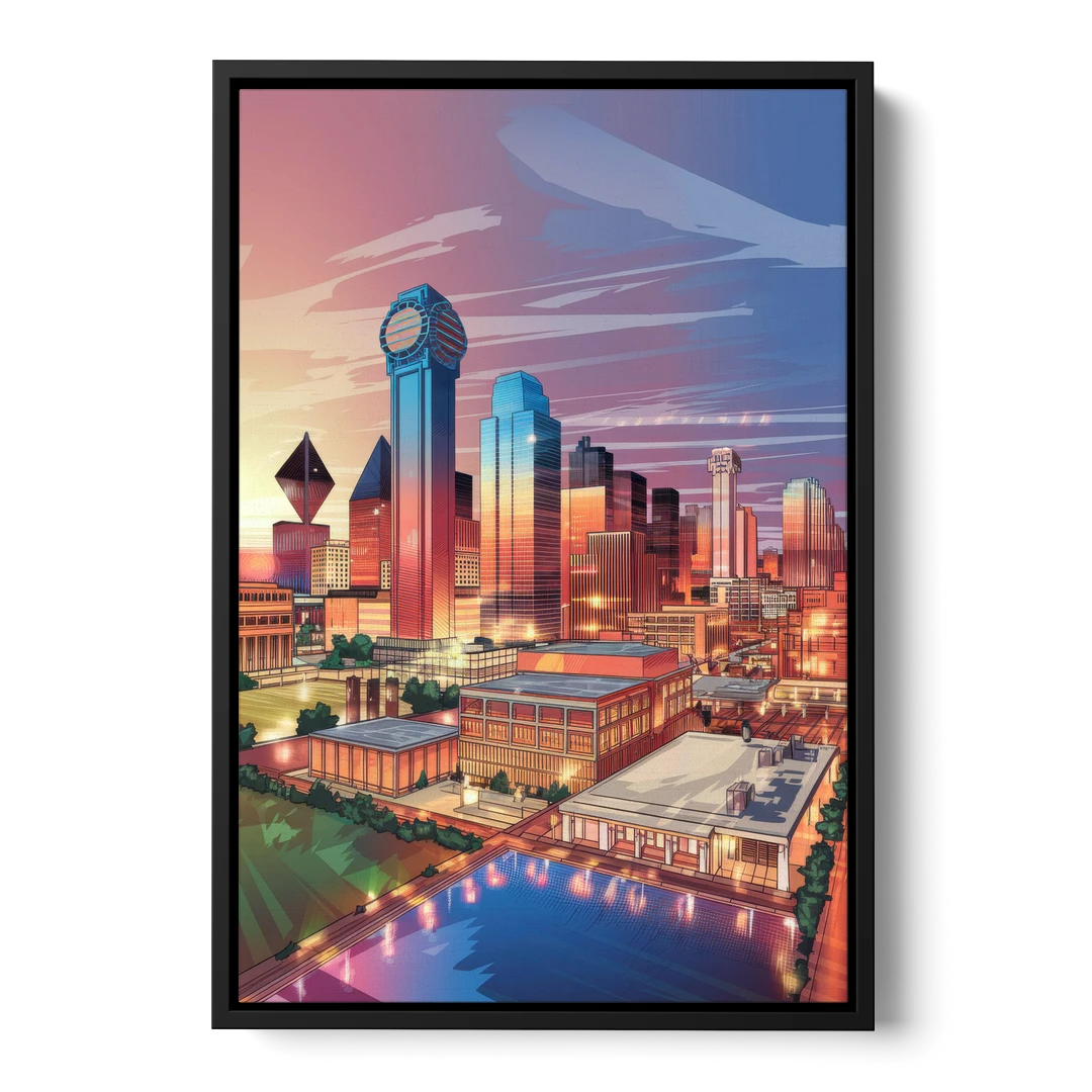 Dallas Downtown Views - Black Framed Canvas Wall Art - Front