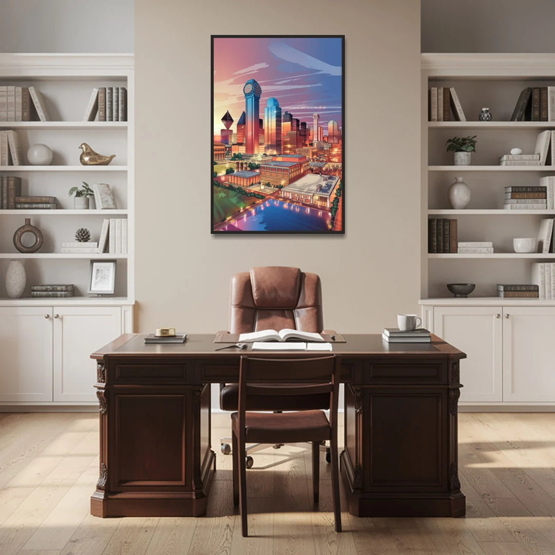 Dallas Downtown Views - Black Framed Canvas Wall Art - Office - 32x48