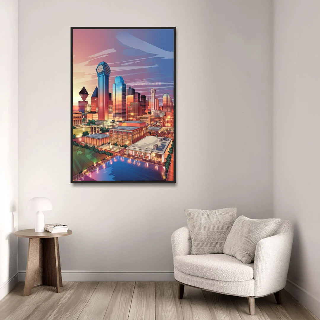 Dallas Downtown Views - Black Framed Canvas Wall Art - Sofa - 32x48