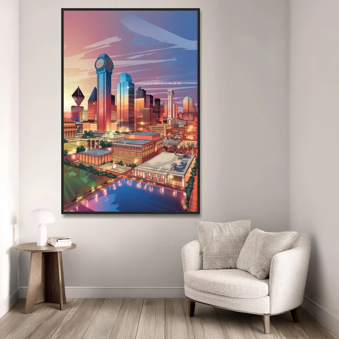 Dallas Downtown Views - Black Framed Canvas Wall Art - Sofa - 40x60