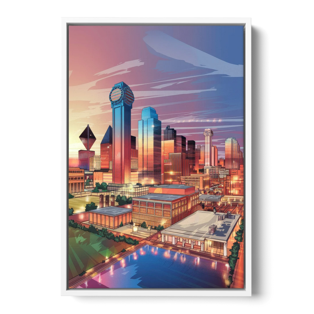 Dallas Downtown Views - White Framed Canvas Wall Art - Front