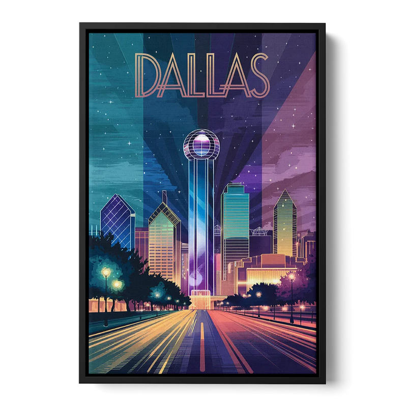 Dallas Night Lights Front - Black Canvas Wall Art