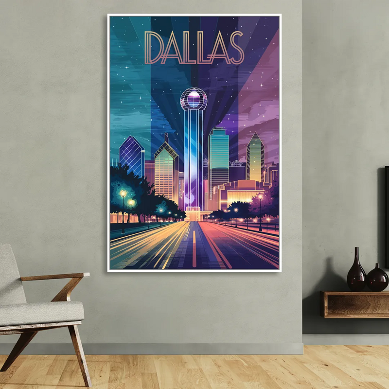 Dallas Night Lights Living Room - White Canvas Wall Art