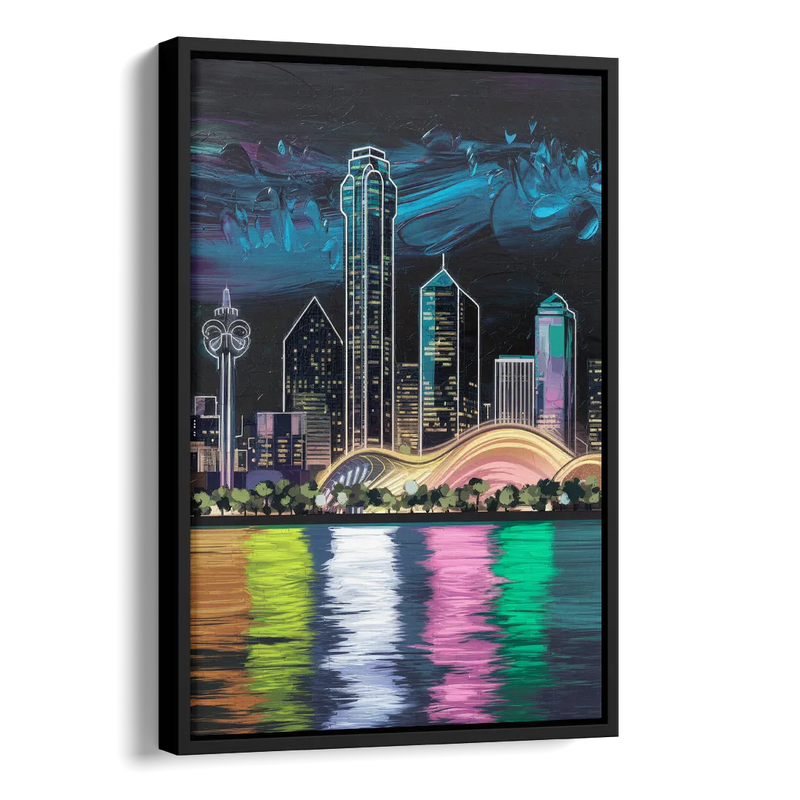 Dallas Skyline Reflection Side - Black Canvas Wall Art