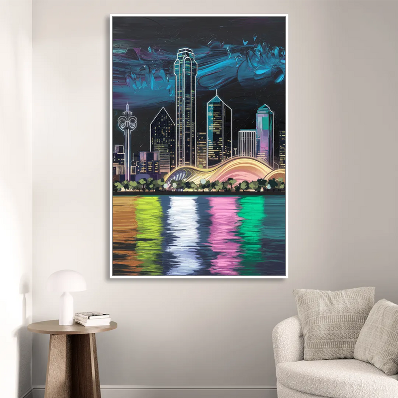 Dallas Skyline Reflection Sitting Room - White Canvas Wall Art