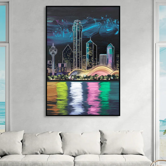 Dallas Skyline Reflection Living Room - Black Canvas Wall Art