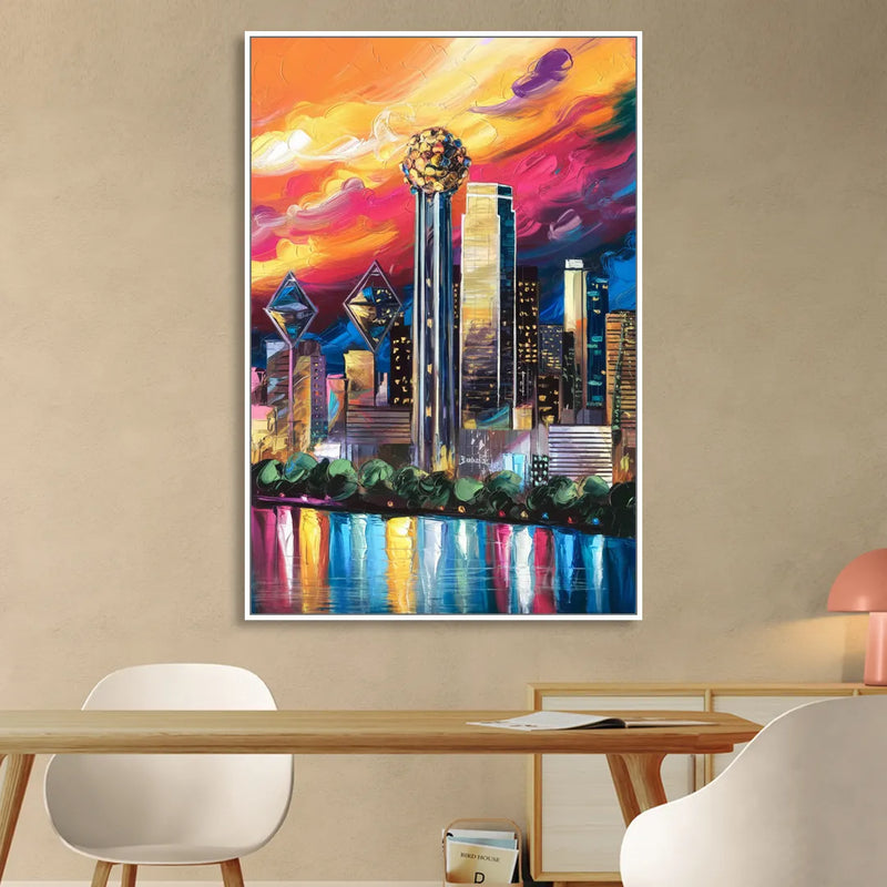 Dallas Skyline at Sunset Sitting Room - White Canvas Wall Art