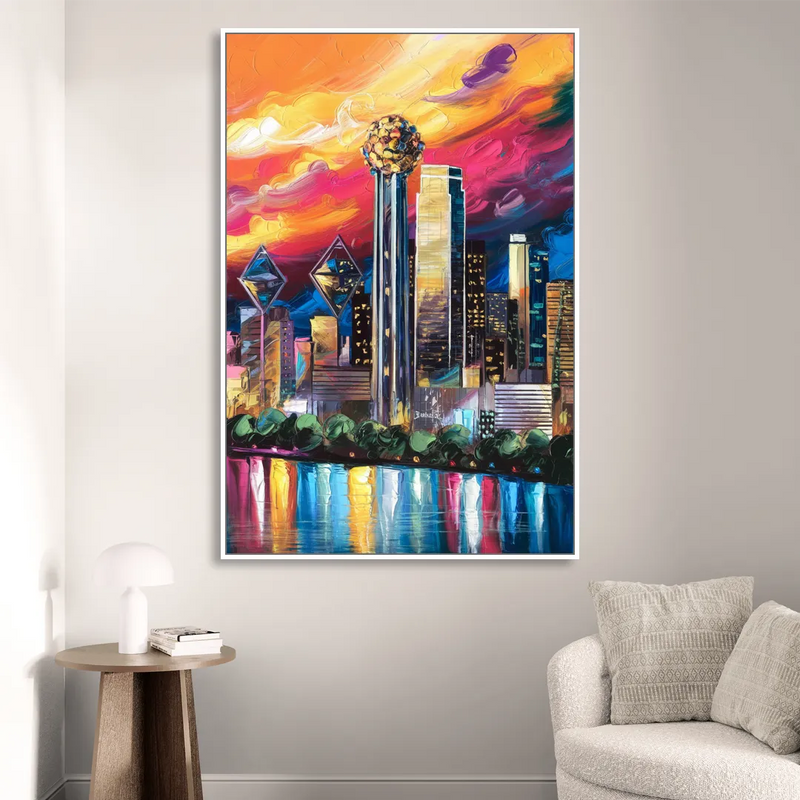 Dallas Skyline at Sunset Living Room - White Canvas Wall Art