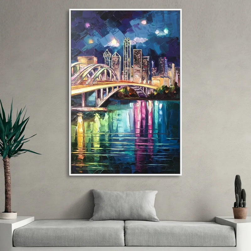 Dallas Trinity River Bridge Sitting Room - White Canvas Wall Art