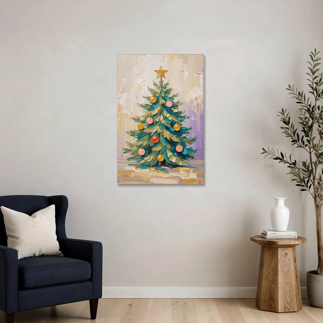 Decorated Christmas Tree Painting with Peach Baubles - Canvas Wall Art - Sofa - 24x36