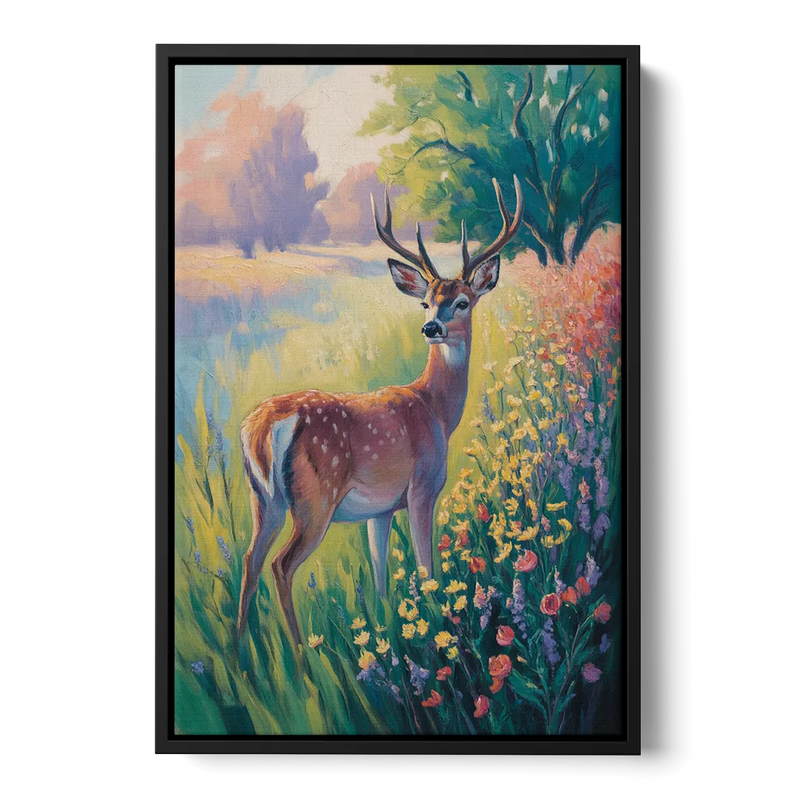 Deer Among Wildflowers Front - Black Canvas Wall Art