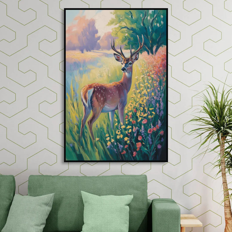 Deer Among Wildflowers Sitting Room - Black Canvas Wall Art