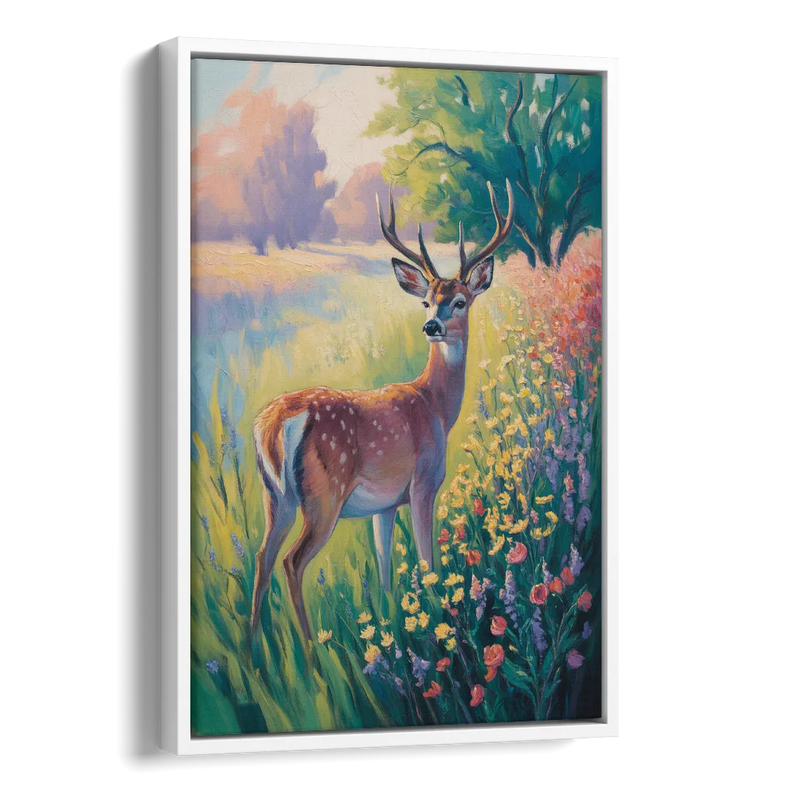 Deer Among Wildflowers Side - White Canvas Wall Art