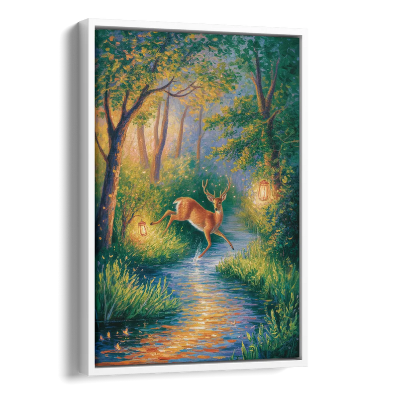 Deer Crossing the Stream Side - White Canvas Wall Art