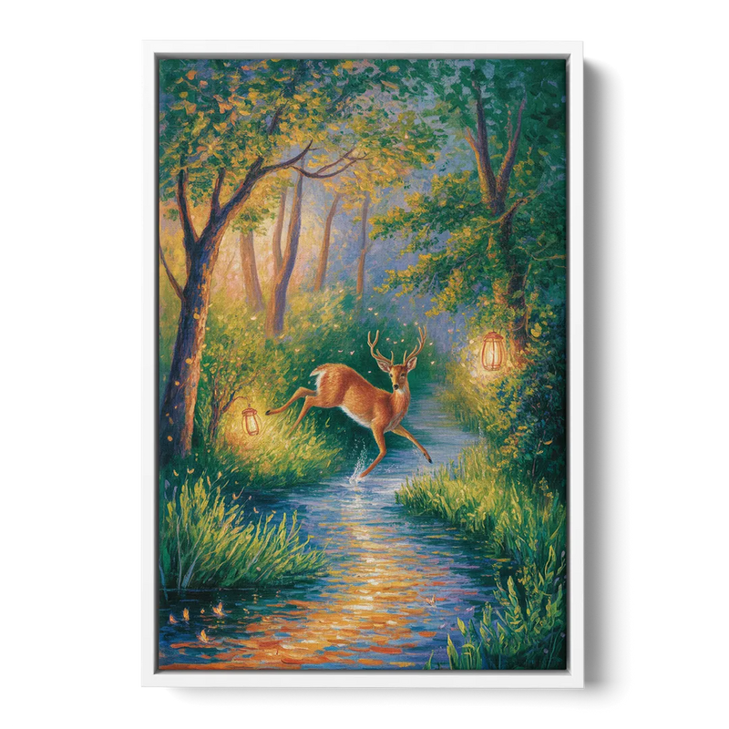 Deer Crossing the Stream Front - White Canvas Wall Art