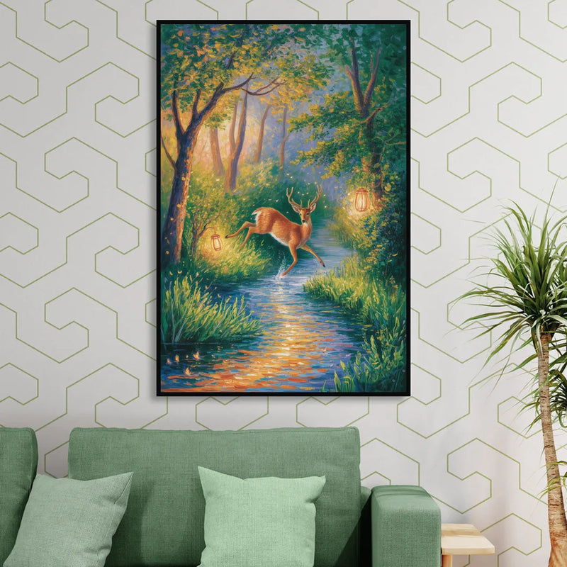 Deer Crossing the Stream Living Room - Black Canvas Wall Art