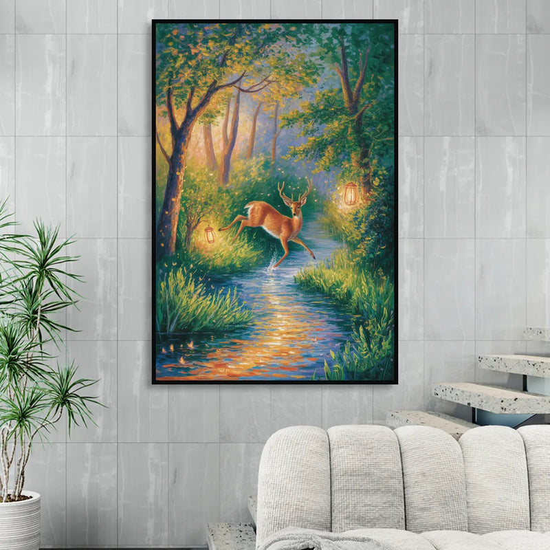 Deer Crossing the Stream Sitting Room - Black Canvas Wall Art