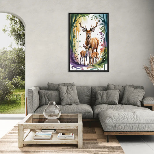 Deer Family Portrait - Living Room Black Frame Canvas