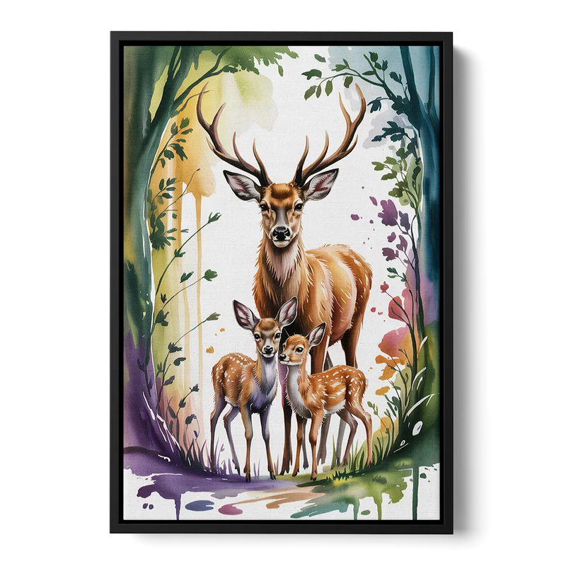 Deer Family Portrait Front - Black Canvas Wall Art