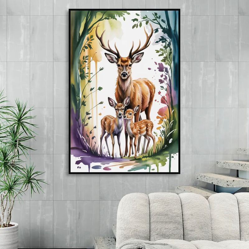 Deer Family Portrait Living Room - Black Canvas Wall Art
