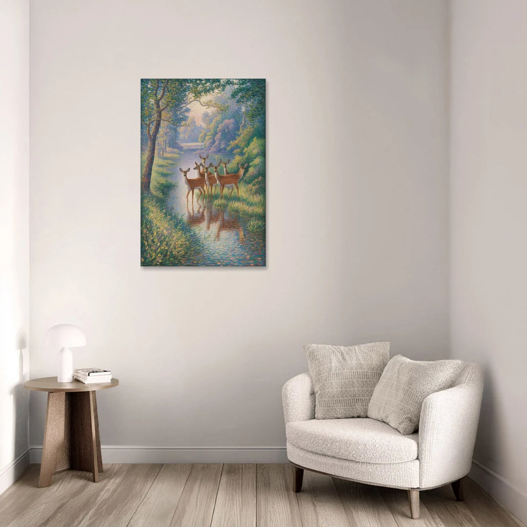 Deer Herd at River's Edge - Canvas Wall Art - Sofa - 24x36