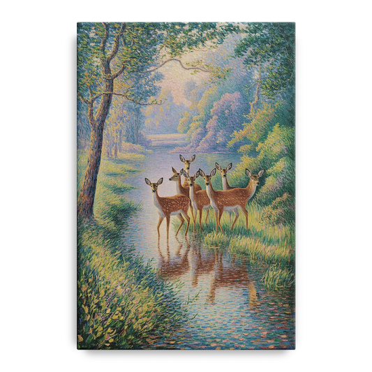 Deer Herd at River's Edge - Canvas Wall Art