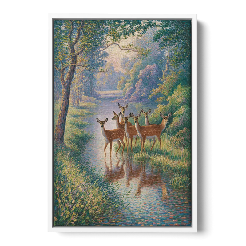 Deer Herd at River's Edge Front - White Canvas Wall Art