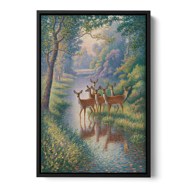 Deer Herd at River's Edge Front - Black Canvas Wall Art