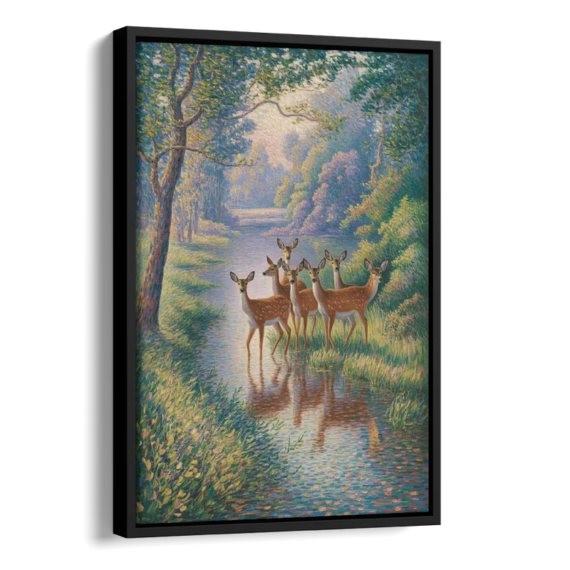 Deer Herd at River's Edge Side - Black Canvas Wall Art