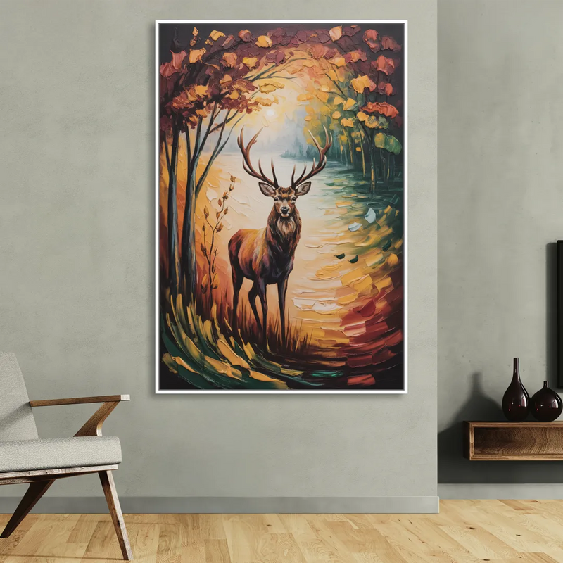 Deer Hunt in Autumn Living Room - White Canvas Wall Art