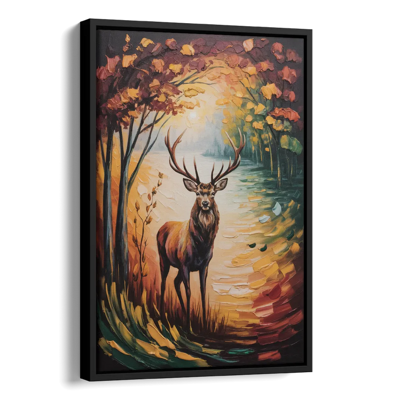 Deer Hunt in Autumn Side - Black Canvas Wall Art