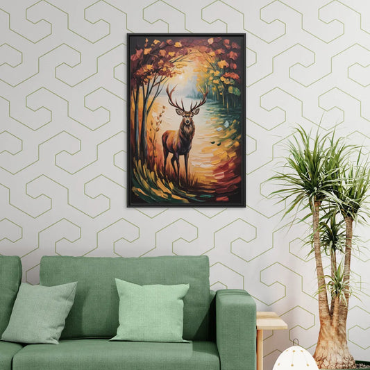 Deer Hunt in Autumn - Living Room Black Frame Canvas