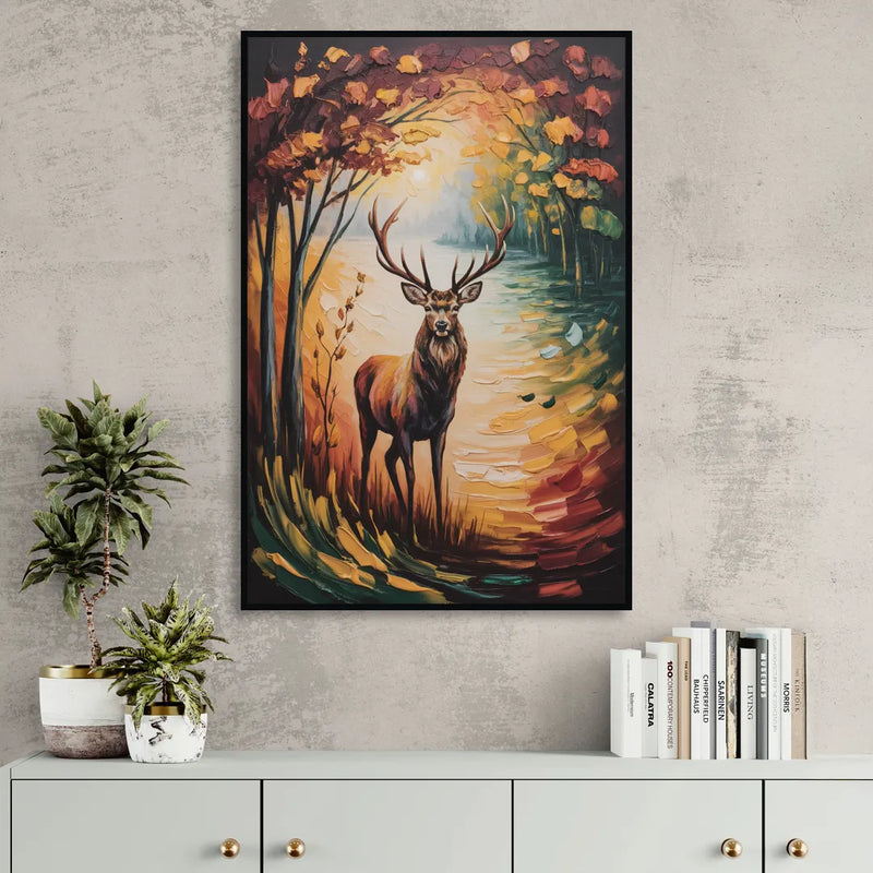 Deer Hunt in Autumn Sitting Room - Black Canvas Wall Art
