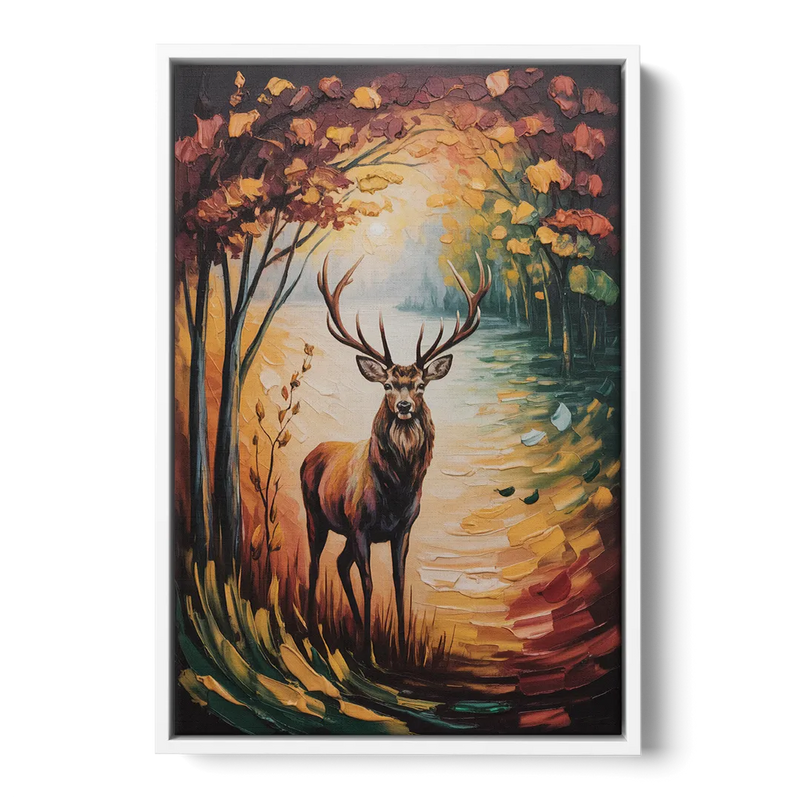 Deer Hunt in Autumn Front - White Canvas Wall Art