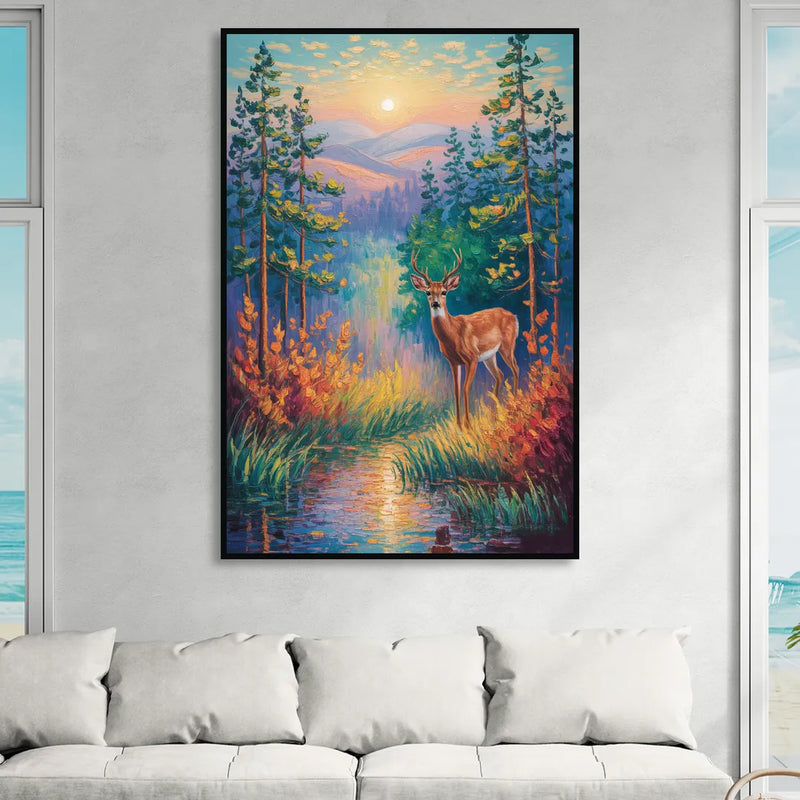 Deer in the Serene Forest Sitting Room - Black Canvas Wall Art