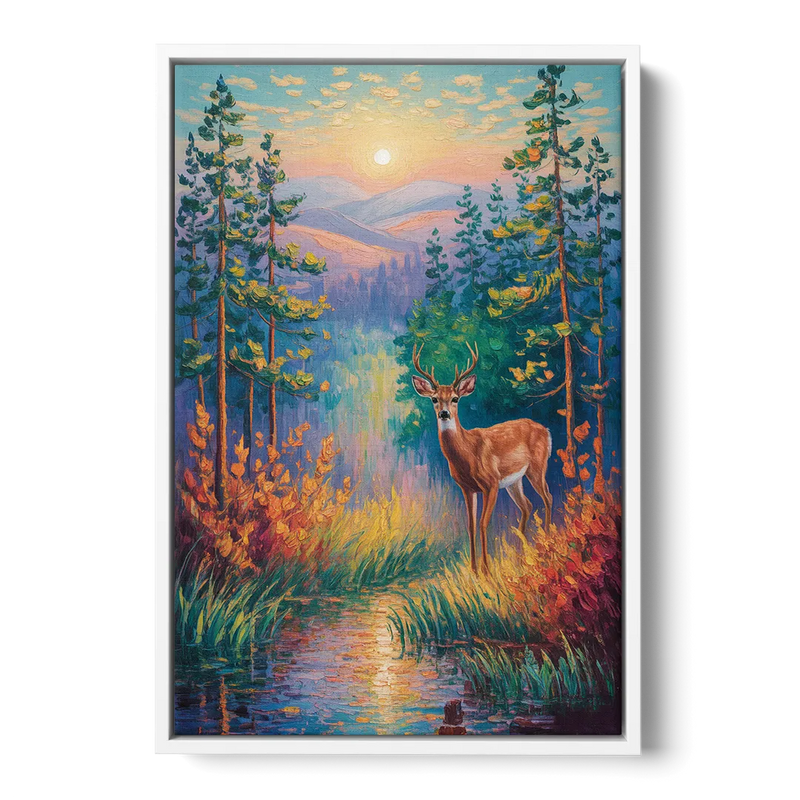 Deer in the Serene Forest Front - White Canvas Wall Art