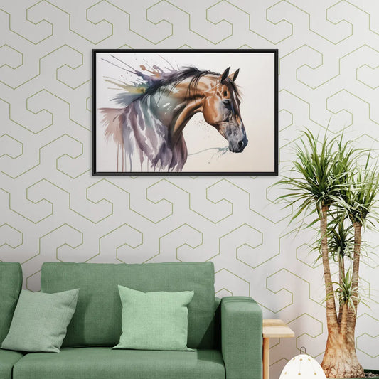 Delicate Horse Watercolor Portrait - Living Room Black Frame Canvas