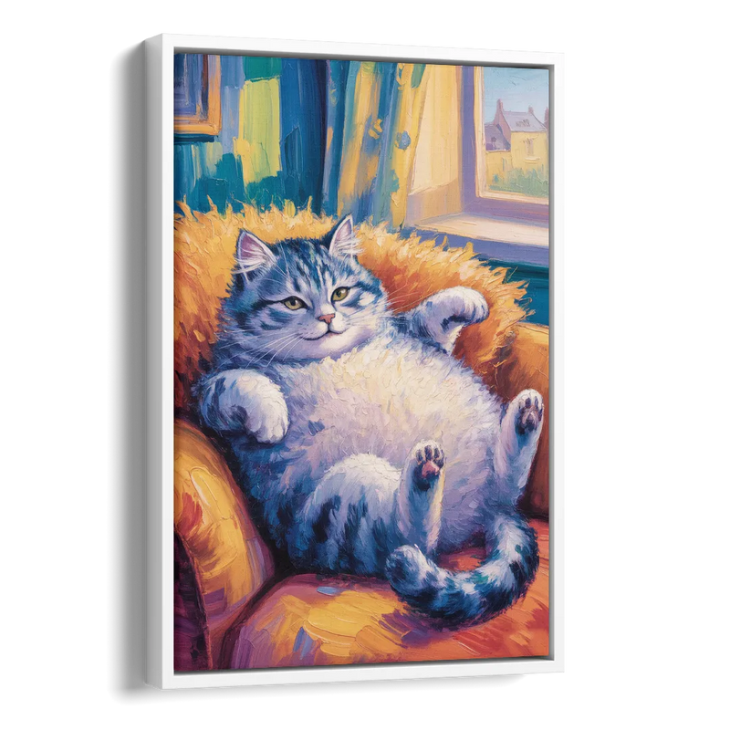 Delightful Fat Cat Side - White Canvas Wall Art