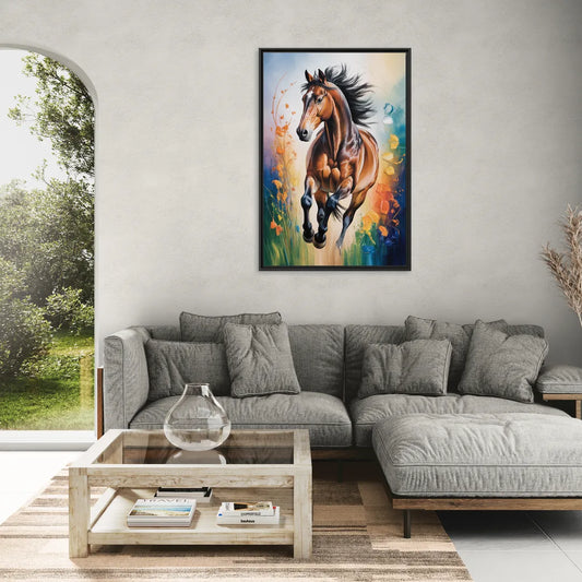 Delightful Horse Play - Living Room Black Frame Canvas