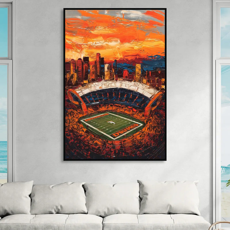 Denver Broncos Stadium Living Room - Black Canvas Wall Art