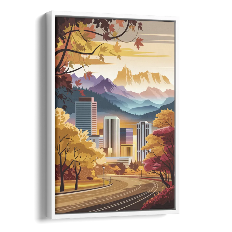 Denver Cityscape in Autumn Side - White Canvas Wall Art