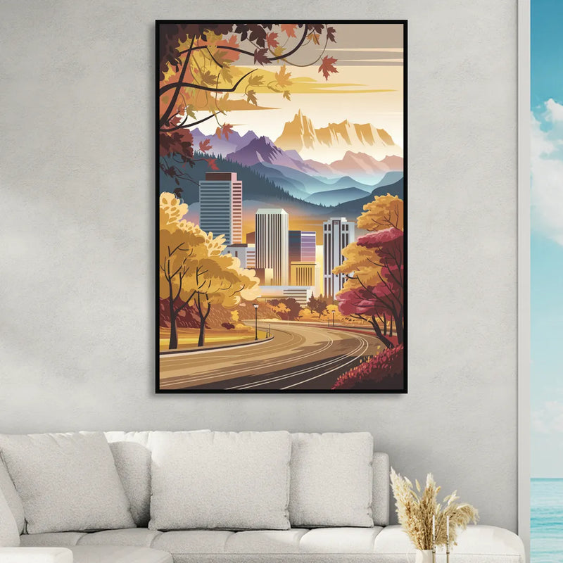 Denver Cityscape in Autumn Living Room - Black Canvas Wall Art