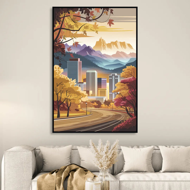 Denver Cityscape in Autumn Sitting Room - Black Canvas Wall Art