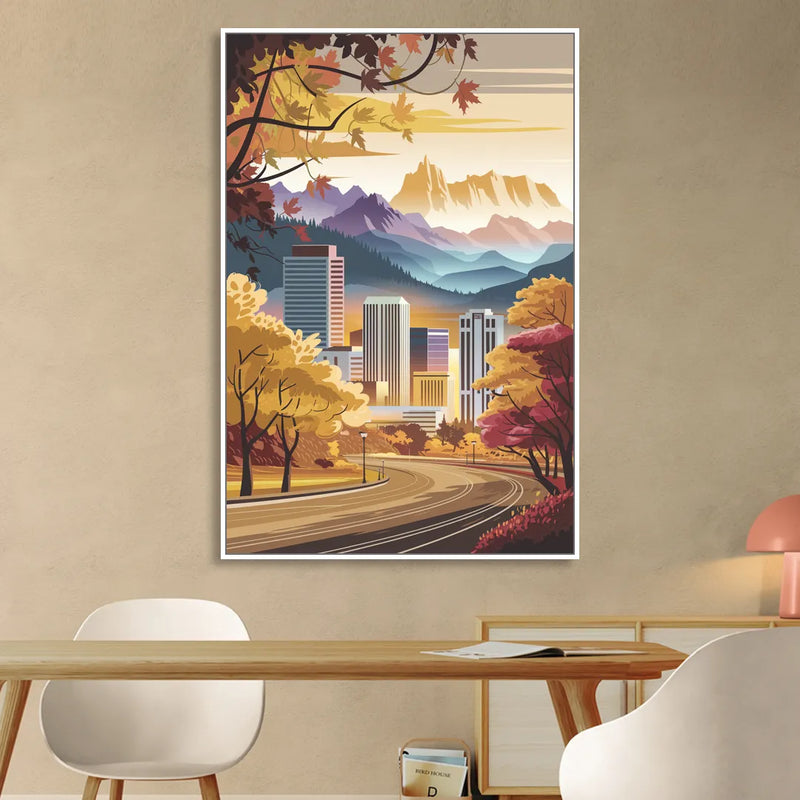 Denver Cityscape in Autumn Living Room - White Canvas Wall Art
