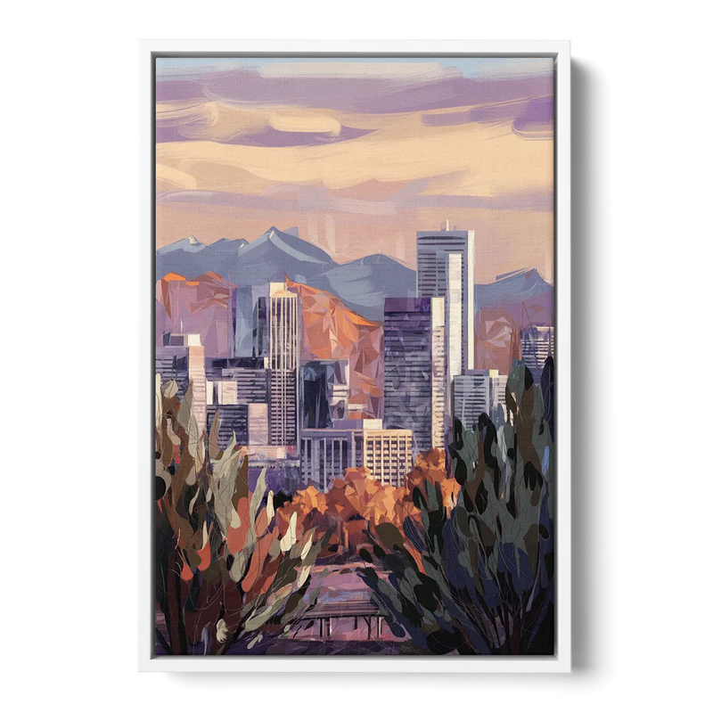 Denver Downtown Panorama Front - White Canvas Wall Art