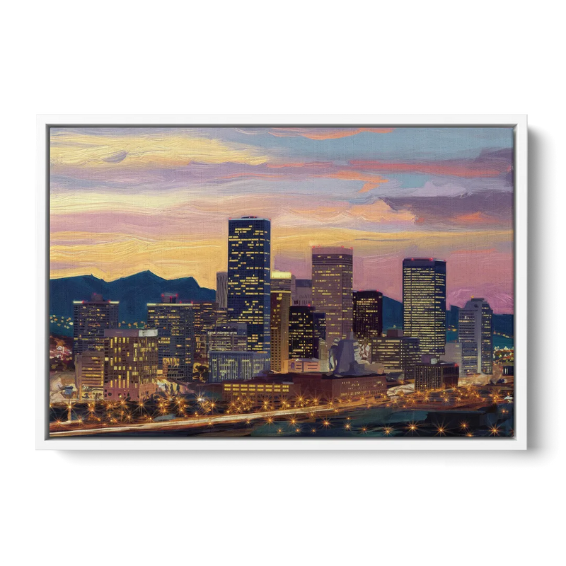 Denver Skyline At Dusk Front - White Canvas Wall Art