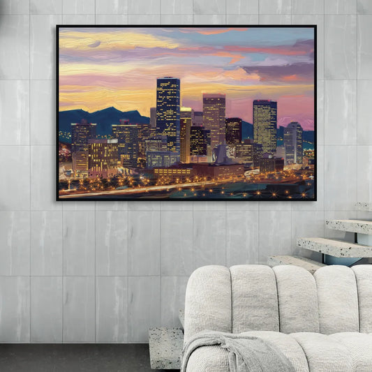 Denver Skyline At Dusk Living Room - Black Canvas Wall Art