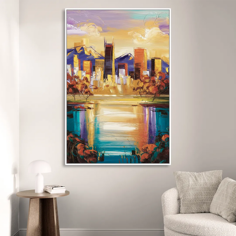 Denver Skyline Reflection Sitting Room - White Canvas Wall Art