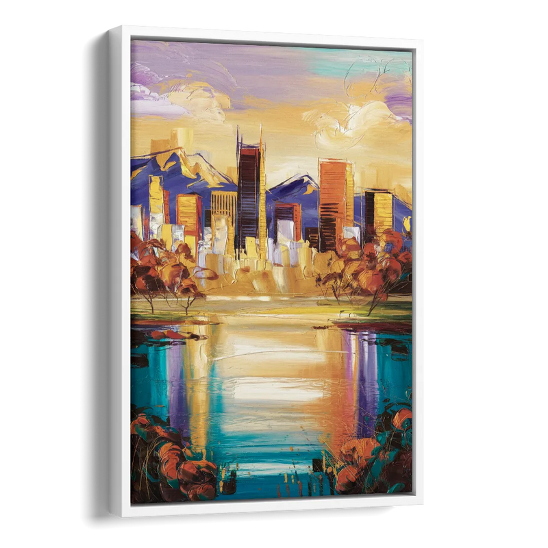 Denver Skyline Reflection Side - White Canvas Wall Art
